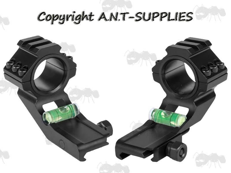 Two Piece Forward Reach 25mm and 30mm Scope Ring Mounts for Weaver / Picatinny Rails with Bubble Levels and Top Single Rail Accessory Ring Caps
