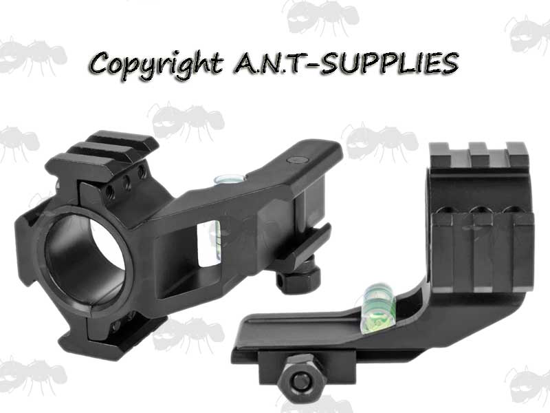Two Piece Forward Reach 25mm and 30mm Scope Ring Mounts for Weaver / Picatinny Rails with Bubble Levels and Tri-Rail Accessory Ring Caps