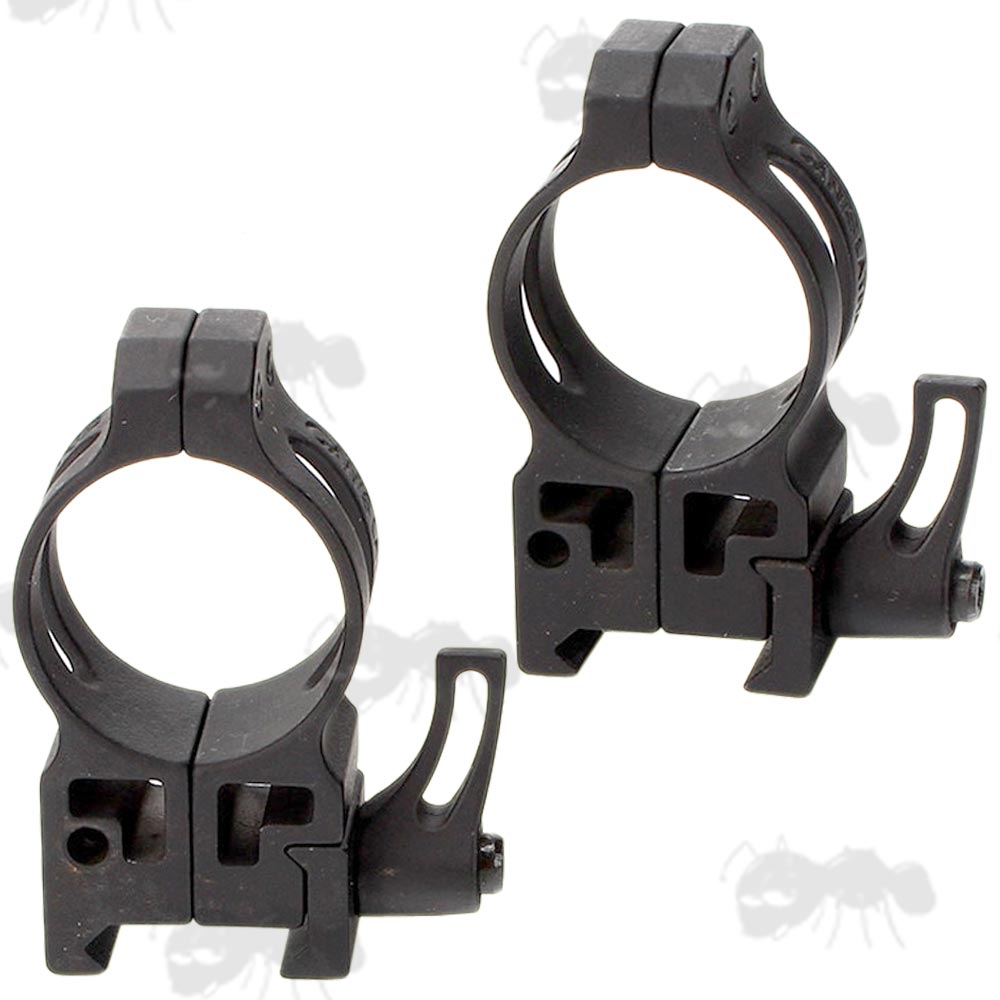 Pair of Black High-Profile Vertical Split 30mm Scope Tube Ring Mounts for Weaver / Picatinny Rails with Lever Locking Clamps