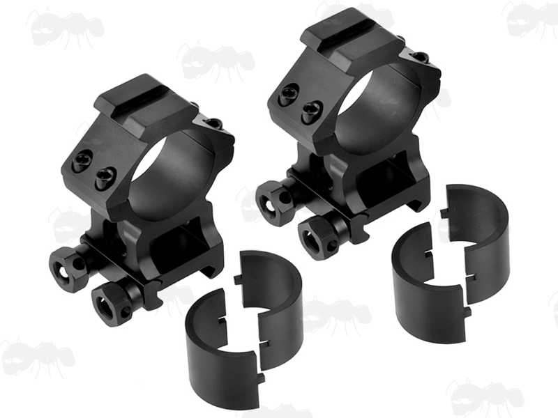 Two Piece Colossus Weaver / Picatinny Rail Rifle Scope Rings with 30mm Diameter Scope Rings and 25.4mm Adapters Shown Removed, Accessory Rail Tops