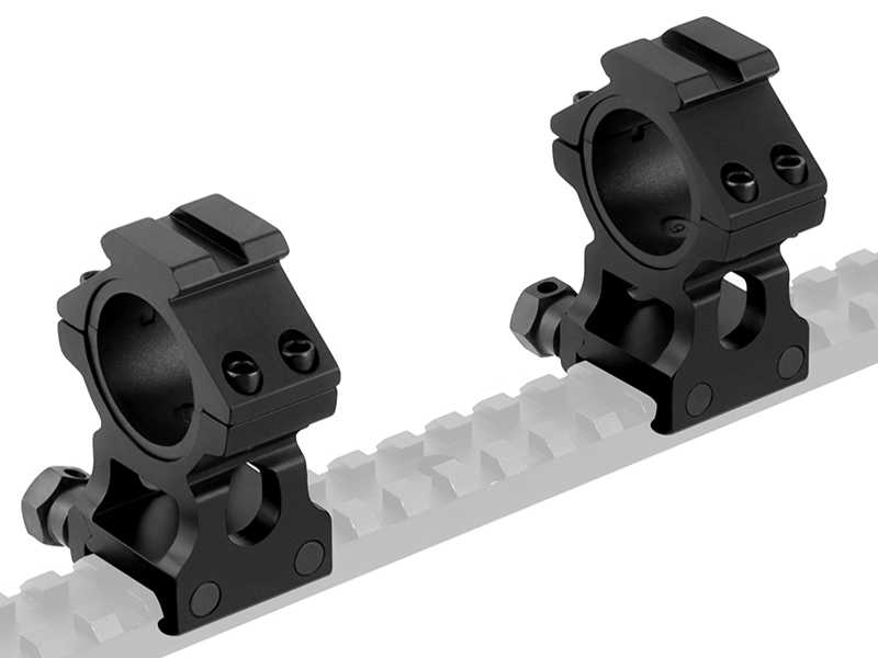 Two Piece Colossus Weaver / Picatinny Rail Rifle Scope Rings with 30mm Diameter Scope Rings and 25.4mm Adapters, Accessory Rail Tops, Shown Fitted to a Sight Rail