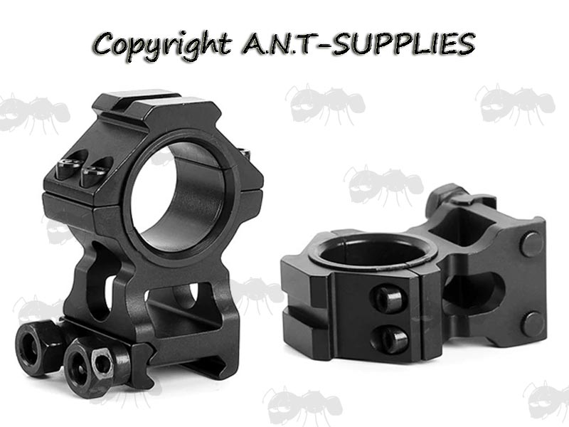 Two Piece Colossus Weaver / Picatinny Rail Rifle Scope Rings with 30mm Diameter Scope Rings and 25.4mm Adapters, Accessory Rail Tops