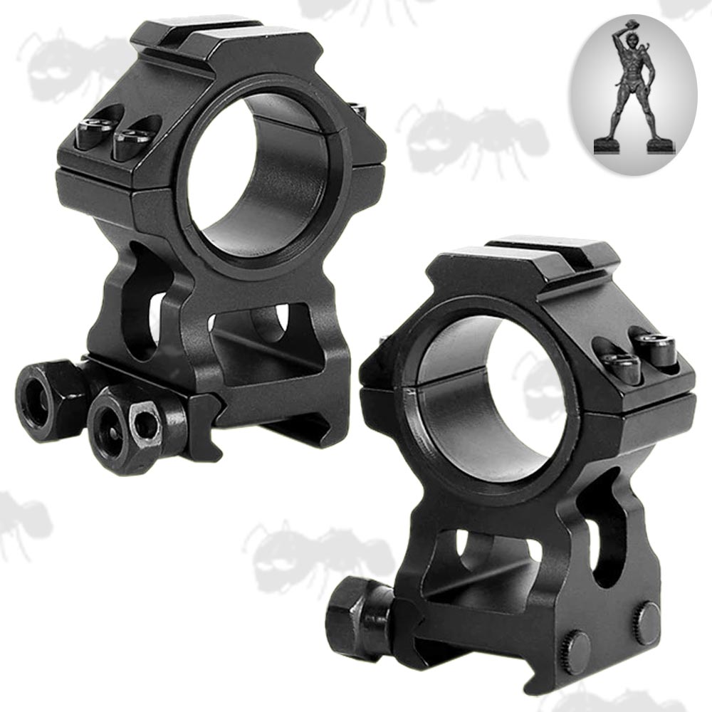 Two Piece Colossus Weaver / Picatinny Rail Rifle Scope Rings with 30mm Diameter Scope Rings and 25.4mm Adapters, Accessory Rail Tops