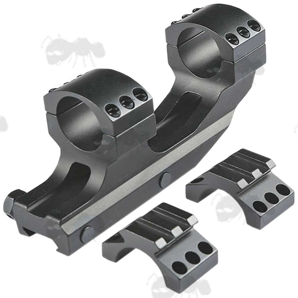 Forward Reach Offset Weaver Rail One Piece Scope Mount with Plain 25mm Rings and a Railed Top Accessory Rail Option