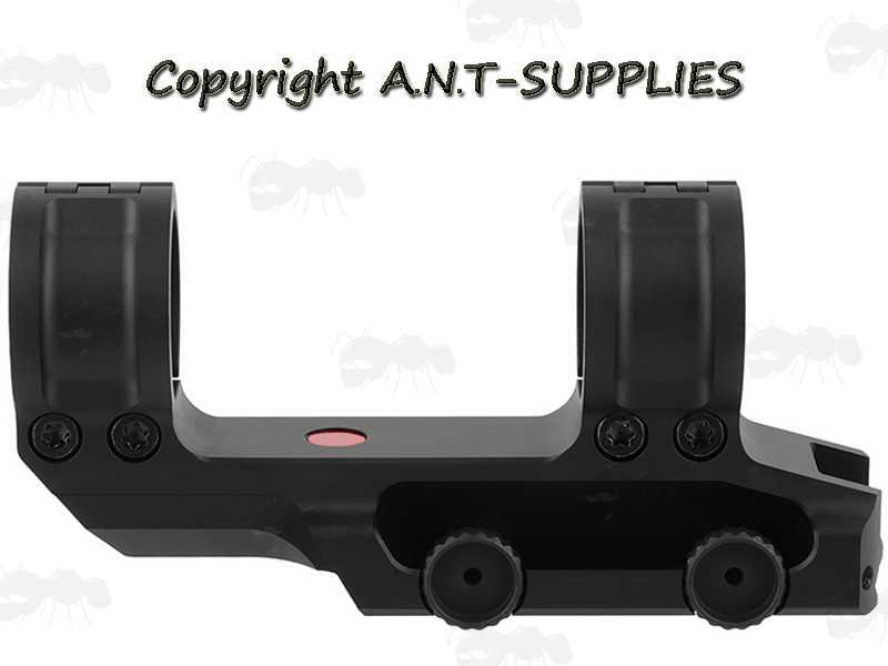 Side Profile View of The Picatinny Rail Fitting One Piece Design Low-Power Variable Optic Scope Mount with Hinged 30mm Diameter Rings and Levelling Set Screw in the Base