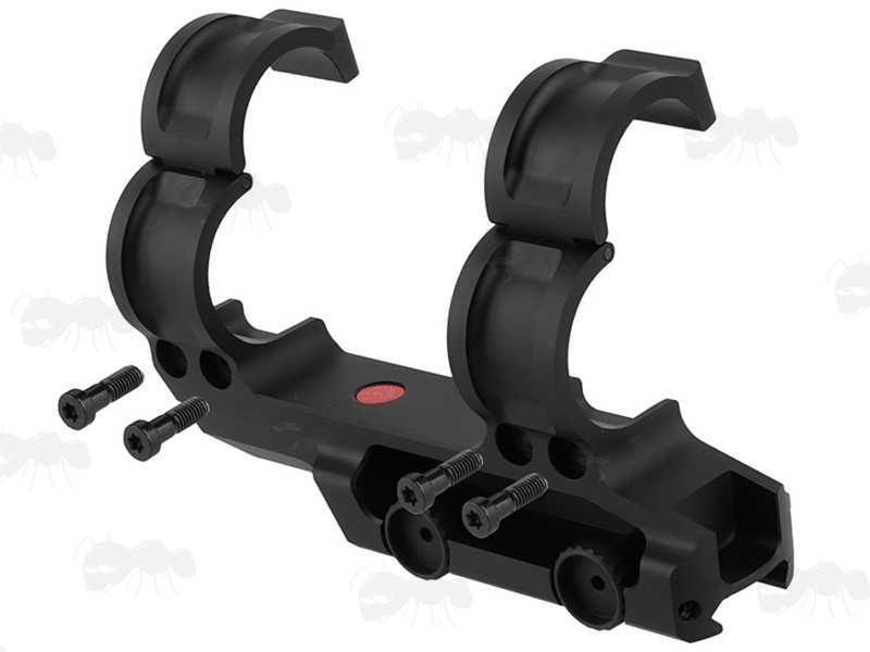 Open Hinged Rings View on The Picatinny Rail Fitting One Piece Design Low-Power Variable Optic Scope Mount with Hinged 30mm Diameter Rings and Levelling Set Screw in the Base