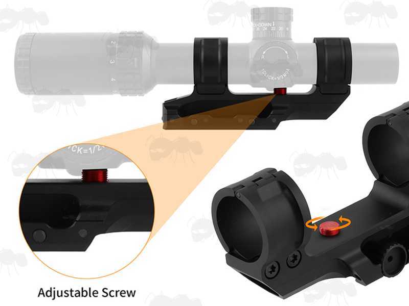 Levelling Set-Screw View on The Picatinny Rail Fitting One Piece Design Low-Power Variable Optic Scope Mount with Hinged 30mm Diameter Rings and Levelling Set Screw in the Base