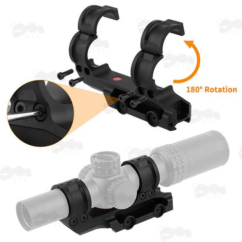 Open Hinged Rings View on The Picatinny Rail Fitting One Piece Design Low-Power Variable Optic Scope Mount with Hinged 30mm Diameter Rings and Levelling Set Screw in the Base, Shown Fitted to Scope