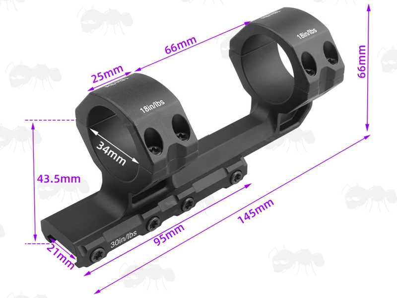 Dimensions of The 20MOA High-Profile Double Clamped 34mm Scope Ring One Piece Mount for Picatinny Rails