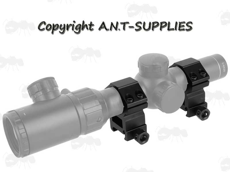 High-Profile Double Clamped 25mm Scope Ring for Weaver / Picatinny Rails, Shown Fitted to a Rifle Scope