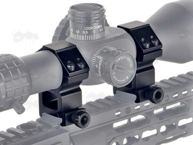 High-Profile Double Clamped 30mm Scope Ring for Weaver / Picatinny Rails Shown Fitted to a Rifle Scope
