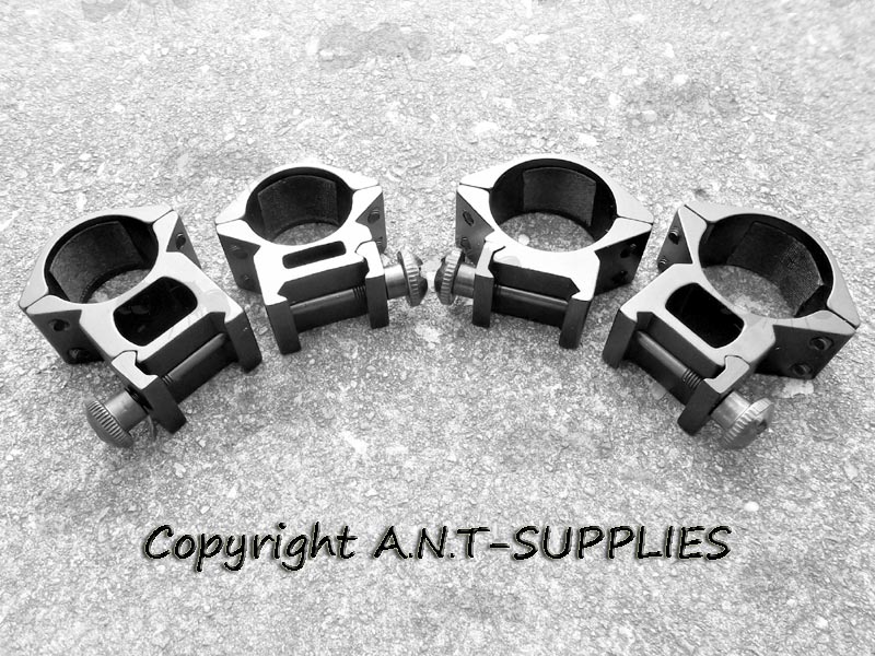 Selection of Black, Low and High Profile, Double Clamped, 25mm and 30mm Scope Rings, for Weaver / Picatinny Rails