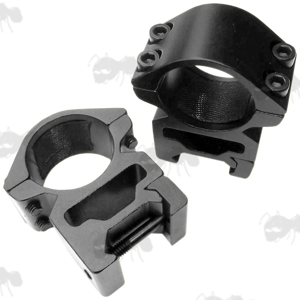 Black, High-Profile Double Clamped 25mm Scope Rings for Weaver / Picatinny Rails With Allen Head Clamping Bolts