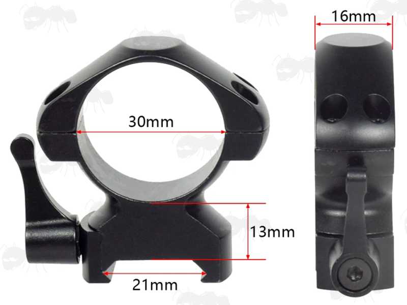 High Profile 30mm Diameter Steel Scope Rings with Lever Lock for Picatinny Rails