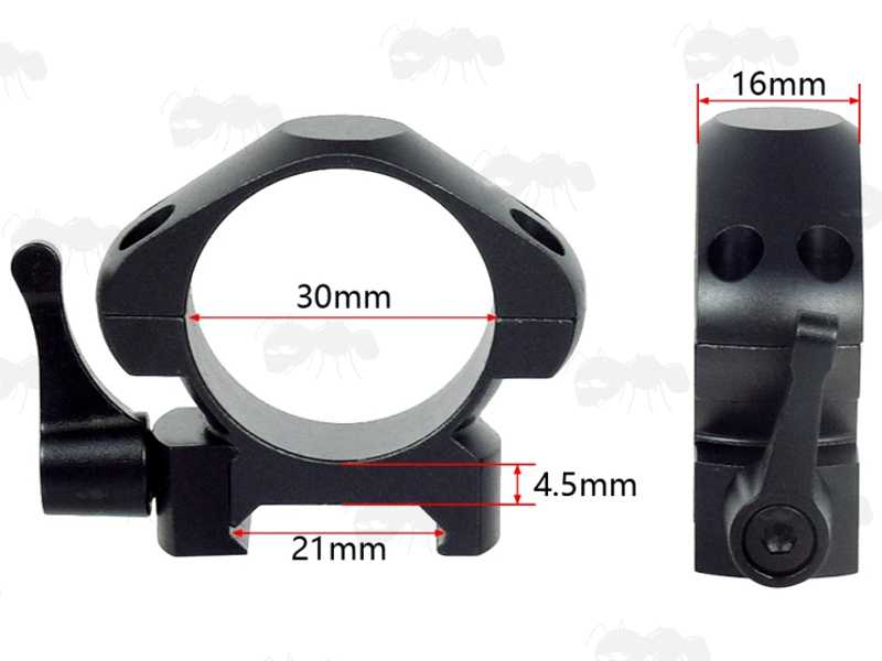 Low Profile 30mm Diameter Steel Scope Rings with Lever Lock for Picatinny Rails