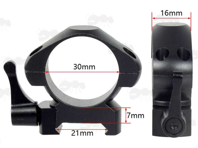 Medium Profile 30mm Diameter Steel Scope Rings with Lever Lock for Picatinny Rails
