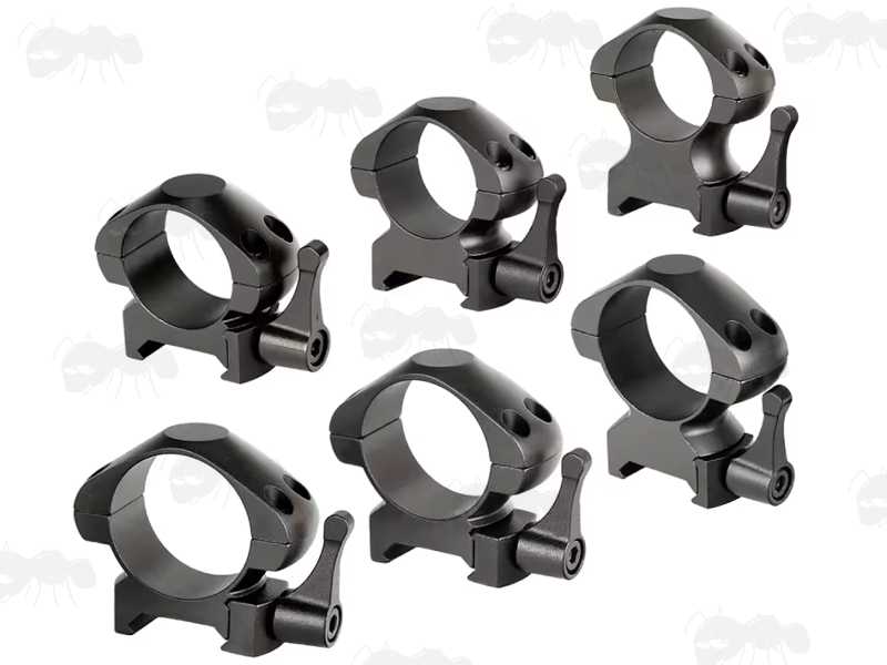 Full Range of Height Profile 25mm and 30mm Steel Scope Rings with Lever Lock for Picatinny Rails