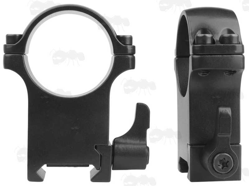 Double Clamped Extra High Profile 30mm Diameter Steel Scope Rings with Lever Lock for Weaver Rails