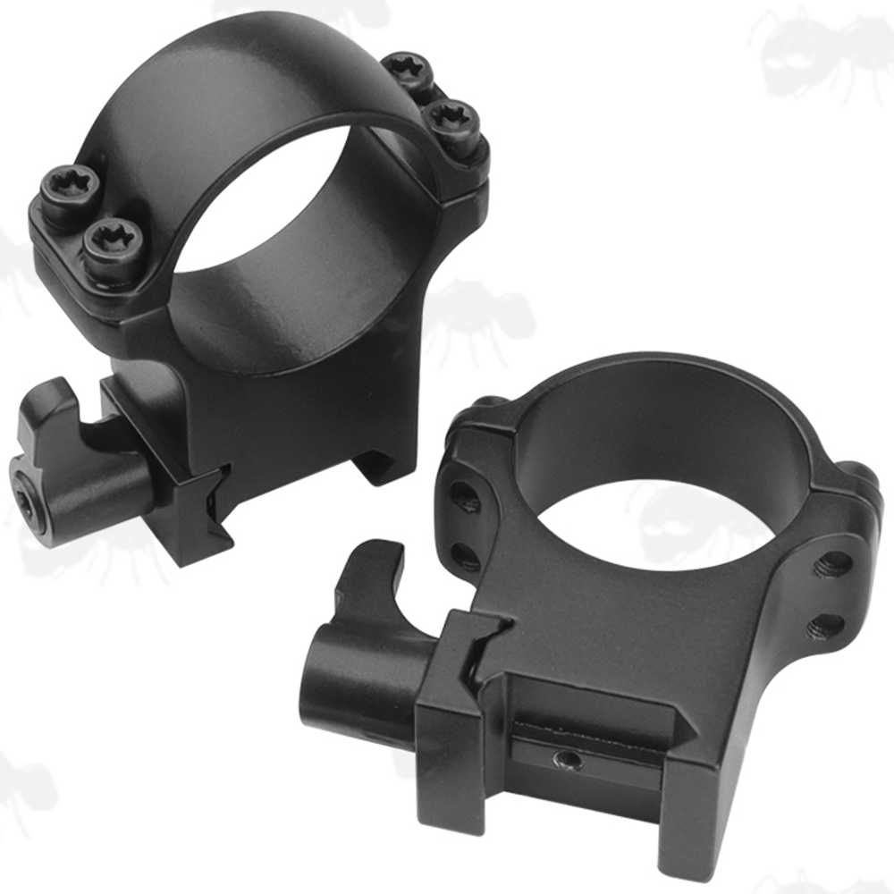 Double Clamped High Profile 30mm Diameter Steel Scope Rings with Lever Lock for Weaver Rails