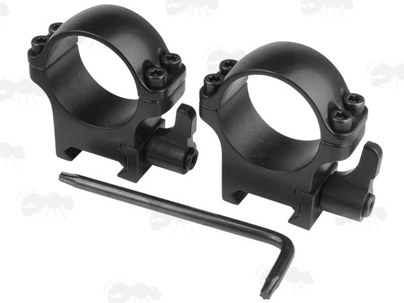 Double Clamped Medium Profile 30mm Diameter Steel Scope Rings with Lever Lock for Weaver Rails