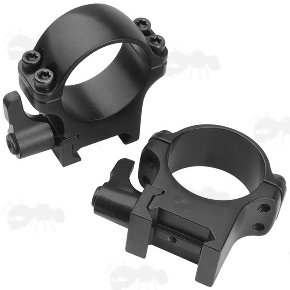 Double Clamped Medium-High Profile 30mm Diameter Steel Scope Rings with Lever Lock for Weaver Rails