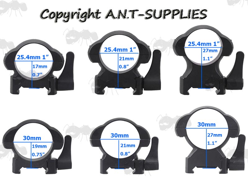 Full Range of Height Profile 25mm and 30mm Steel Scope Rings with Lever Lock for Weaver Rails