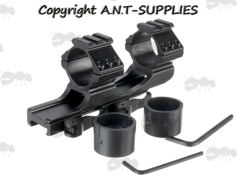 Standard Length One Piece Scope Mount with Quick Release Throw Levers for Weaver / Picatinny Rails, with 30mm to 25mm Ring Plastic Adapters