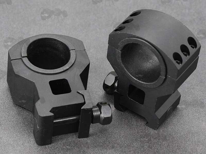 High-Profile, Heavy-Duty Triple Clamped 30mm Scope Ring Mounts for Weaver / Picatinny Rails, Shown Fitted with 30mm To 25mm Ring Size Reducers