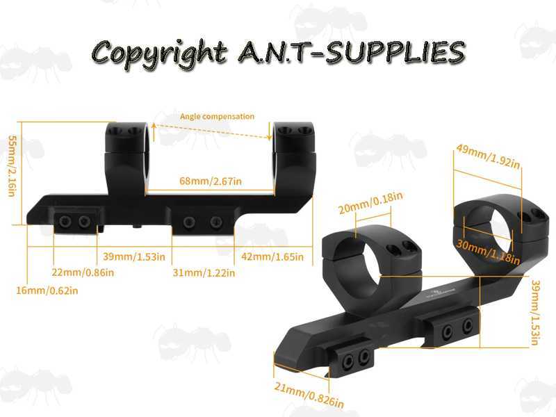 Dimensions of The 20MOA High-Profile Double Clamped 30mm Scope Rings One Piece Mount for Weaver / Picatinny Rails