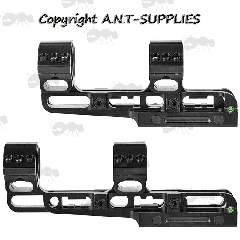 Short and Long Length View Of The One Piece Weaver 30mm Scope Mount With Adjustable Length / MOA Centre Section, With Anti-Cant Spirit Level