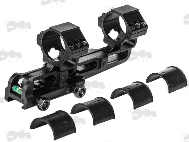 One Piece Weaver 30mm Scope Mount With Adjustable Length / MOA Centre Section, With Anti-Cant Spirit Level and Set Of Plastic 25mm Ring Adapters