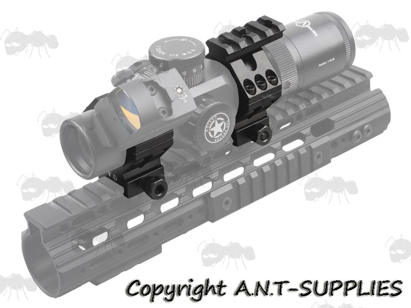 Low-Profile Pair of Weaver / Picatinny 34mm / 35mm Scope Rings on Scope and Fitted to Handguard Rail