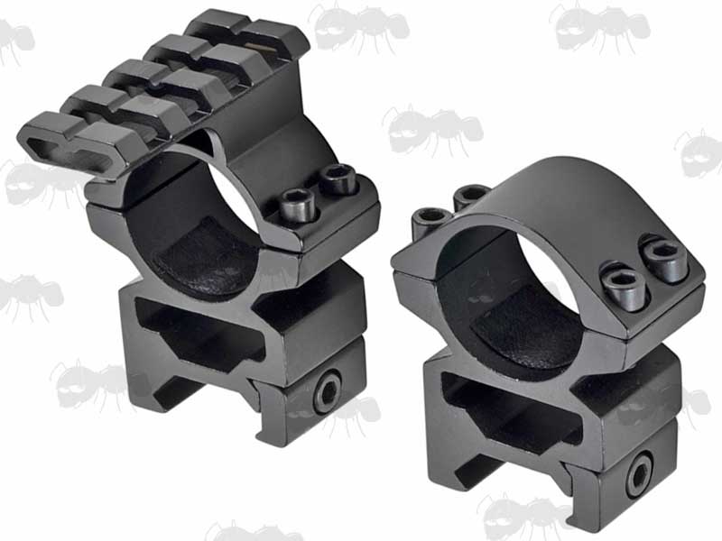 Pair of Medium Profile, Double Clamped Weaver / Picatinny Rail Mount Rings for 25mm Scope Tubes with Extended Top Rail
