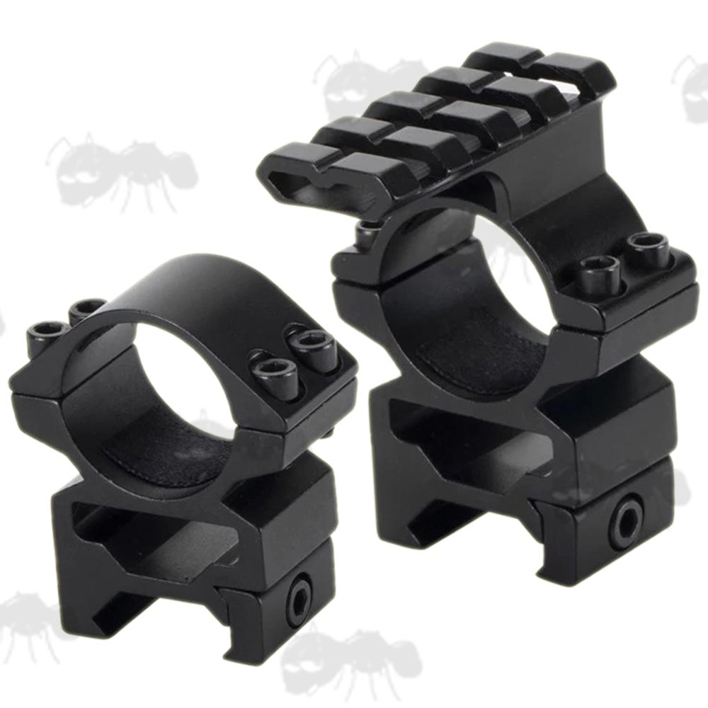 Pair of Medium Profile, Double Clamped Weaver / Picatinny Rail Mount Rings for 25mm Scope Tubes with Extended Top Rail