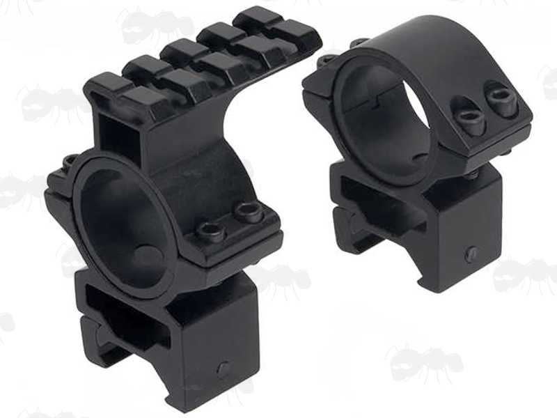 Pair of Medium Profile, Double Clamped Weaver / Picatinny Rail Mount Rings for 30mm Scope Tubes with Extended Top Rail
