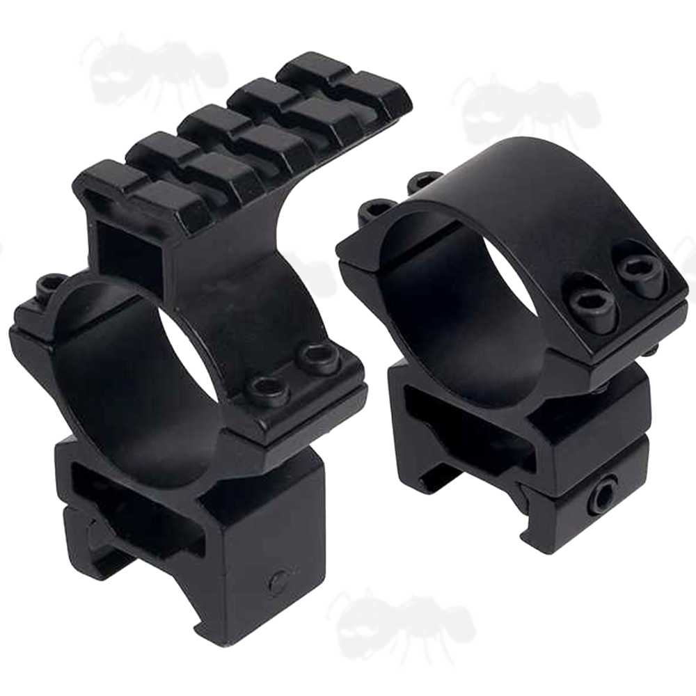 Pair of Medium Profile, Double Clamped Weaver / Picatinny Rail Mount Rings for 30mm Scope Tubes with Extended Top Rail