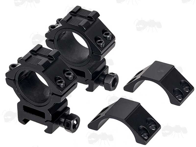 Pair of Medium Profile, Double Clamped Weaver / Picatinny Rail Mount Rings for 30mm Scope Tubes, Complete with a Pair of Plain Ring Tops and a Pair of Accessory Rails Ring Tops