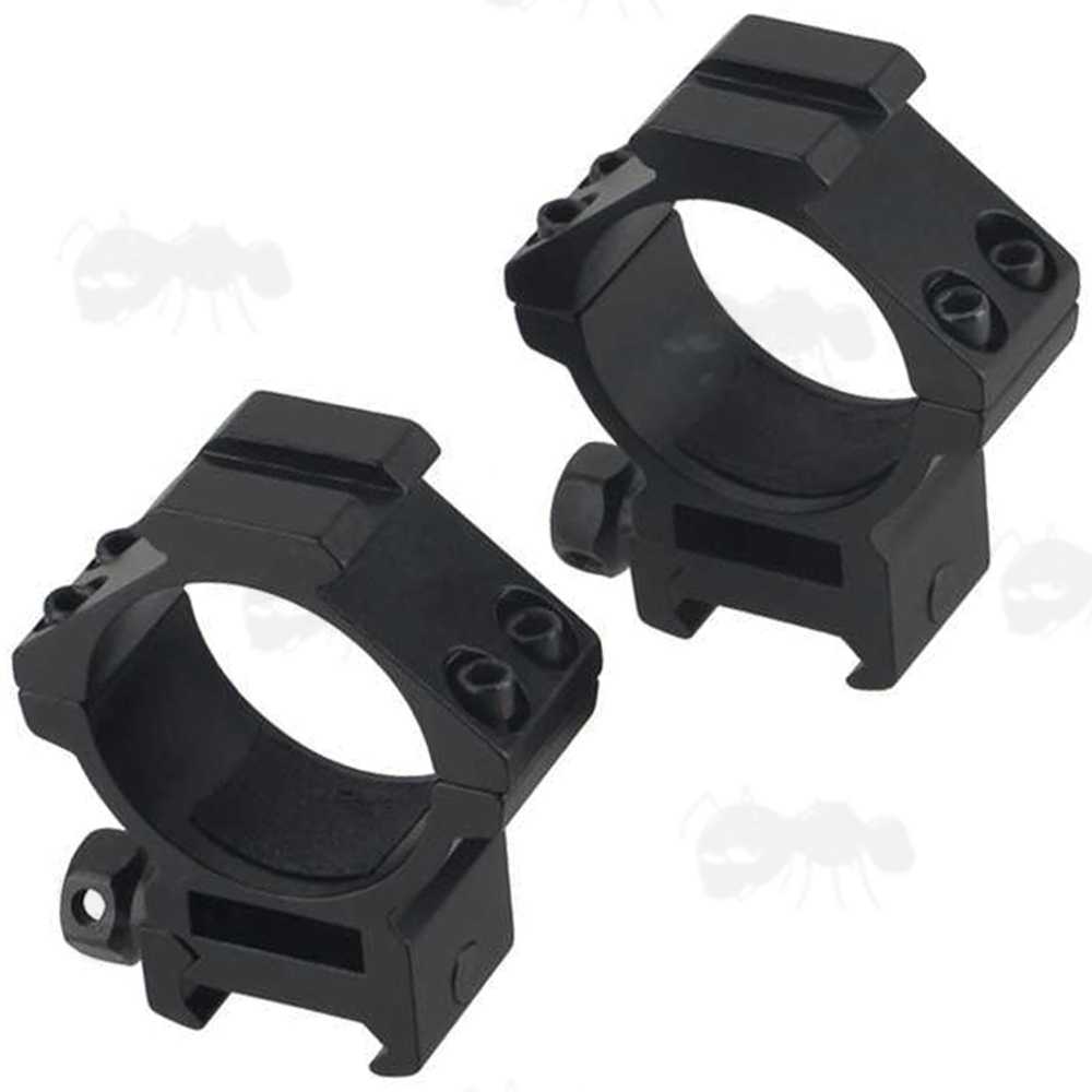 Pair of Medium Profile, Double Clamped Weaver / Picatinny Rail Mount Rings for 34mm Scope Tubes with Top Accessory Rails
