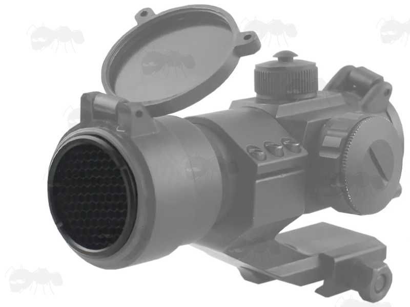 Black Screw-In ARD Killflash Shown Fitted to an Airsoft Aimpoint Sight with Cantilver Mount