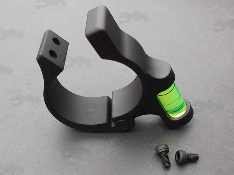 Hinge Fitting View of The Black Anodised Anti Cant Spirit Level for 25mm or 30mm Rifle Scope Tubes with Hinge Fitting