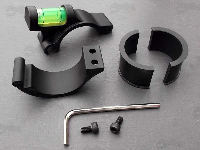 Dismantled View of The Black Anodised Anti Cant Spirit Level for 25mm or 30mm Rifle Scope Tubes with Hinge Fitting
