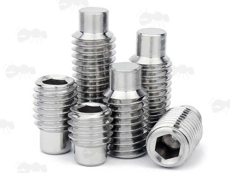 Six Stainless Steel Grub Screws with Hex Socket Heads and Dog Point Ends