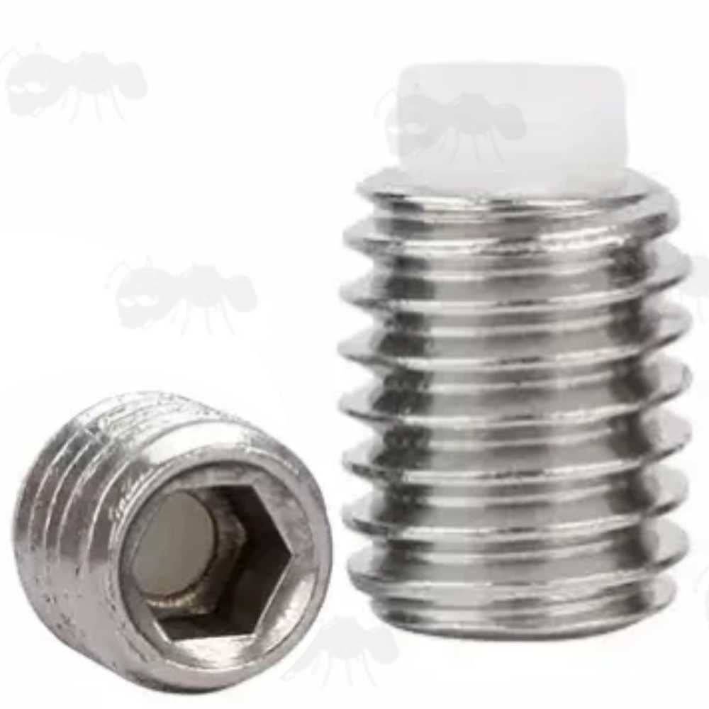 Two Stainless Steel Grub Screws with Hex Socket Heads and White Nylon Tipped Dog Point Ends