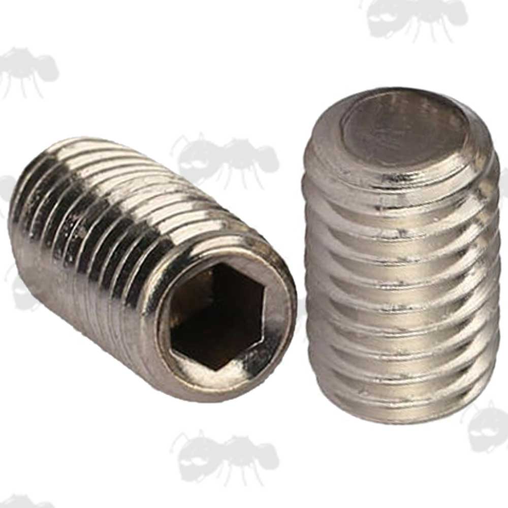 Two Stainless Steel Grub Screws With Hex Socket Heads and Flat Ends