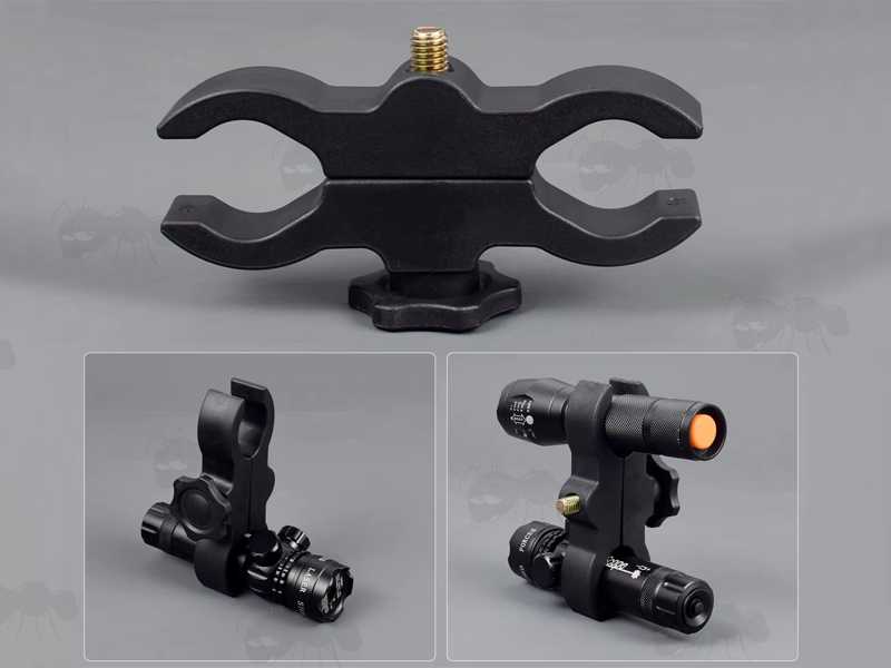 Heavy-Duty ABS Scope Tube Clamp Mount, Shown with Laser Sight and Torch Fitted