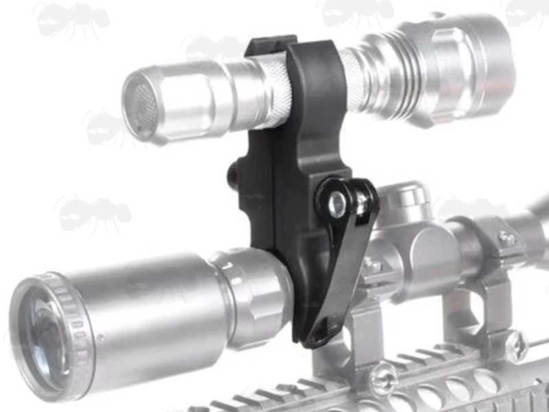 Heavy-Duty ABS Scope Tube Clamp Mount with Quick-Release Throw-Lever, Shown Fitted to a Scope on a Rifle
