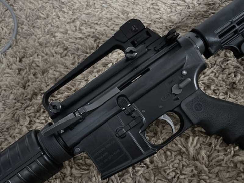 Pair of Black Finished M5 Thread Knurled Grip Domed Thumbscrew Nuts, Shown Fitted to a M16 Rifle Detachable Carry Handle with BUIS