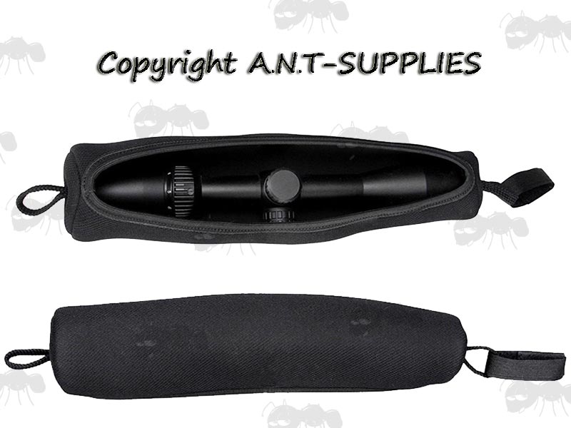 Outer and Inside Out View of All Black Neoprene Rifle Scope Cover