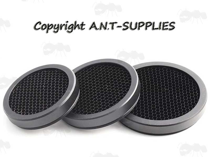 Three Black Metal Rifle Scope Honeycomb Killflash Filters, H I J