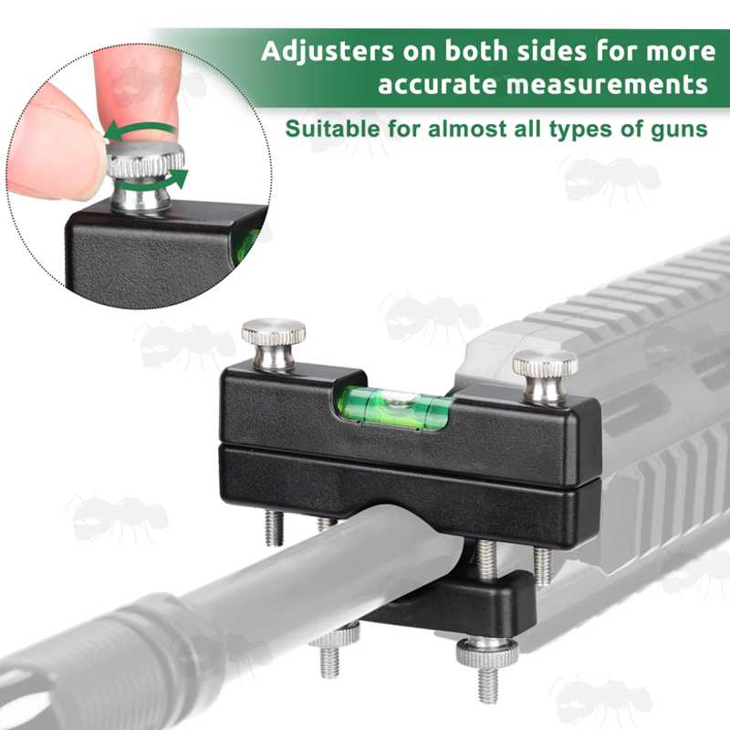 Front Clamp On Rifle Scope Reticle Levelling Spirit Level, Shown Fitted to Gun Barrel